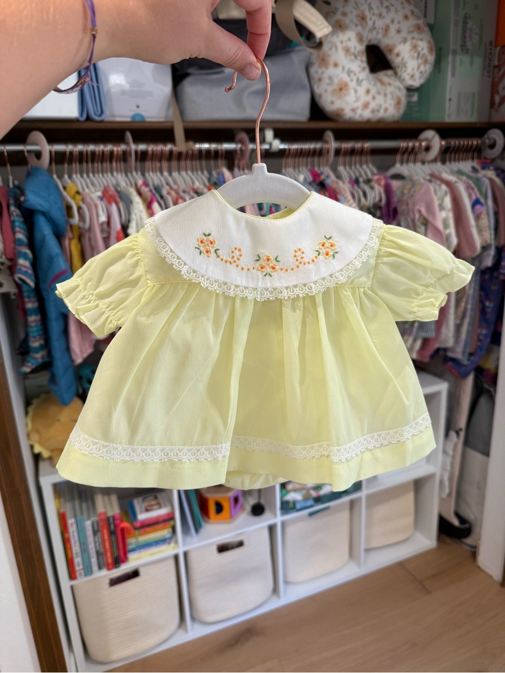 Vintage Heirloom Yellow Embroidered Baby Dress & Bloomers | Newborn